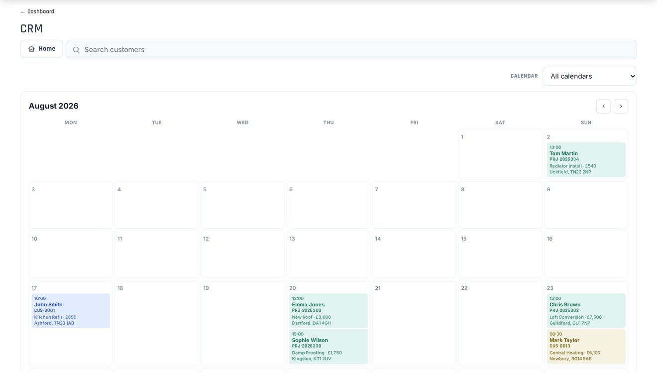 Calendar: surveys, fittings and service calls at a glance